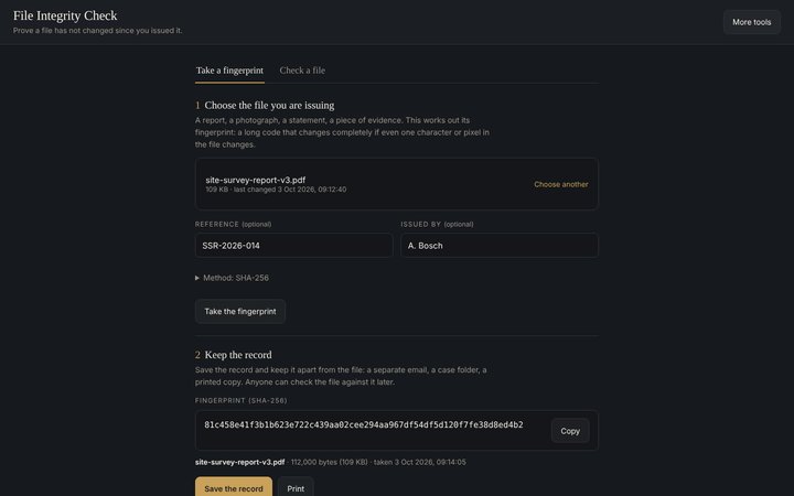 The File Integrity Check, with the fingerprint of a site survey report taken and ready to save