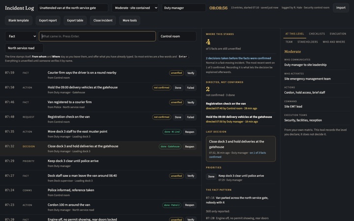 The Incident Log during a live incident, with the log on the left and where things stand on the right